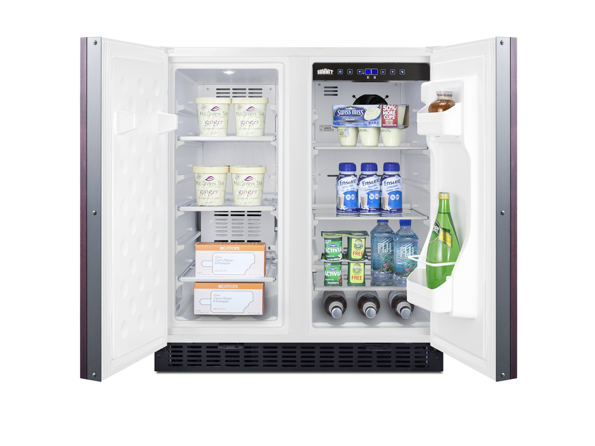 Frost-free side-by-side refrigerator-freezer for built-in or freestanding use with white cabinet, panel-ready doors, door storage, and digital controls